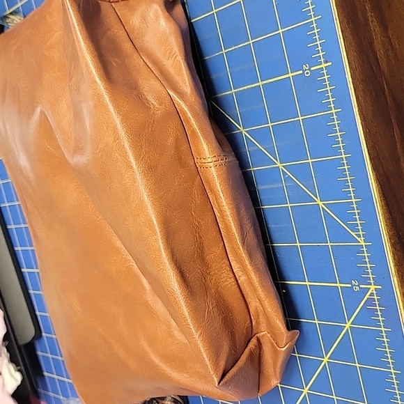 Brown Pleather Shoulder Bag Pattern 44" Adjustable Strap 13" x 9" x 3.5" - Picture 6 of 8